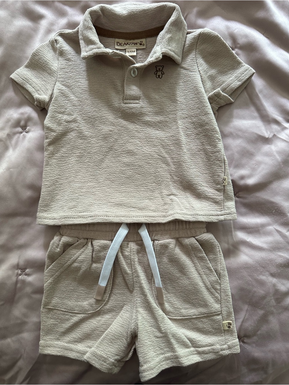 BearPaw Beige Baby Polo Collared Shirt with Embroidered Bear Baby Outfit